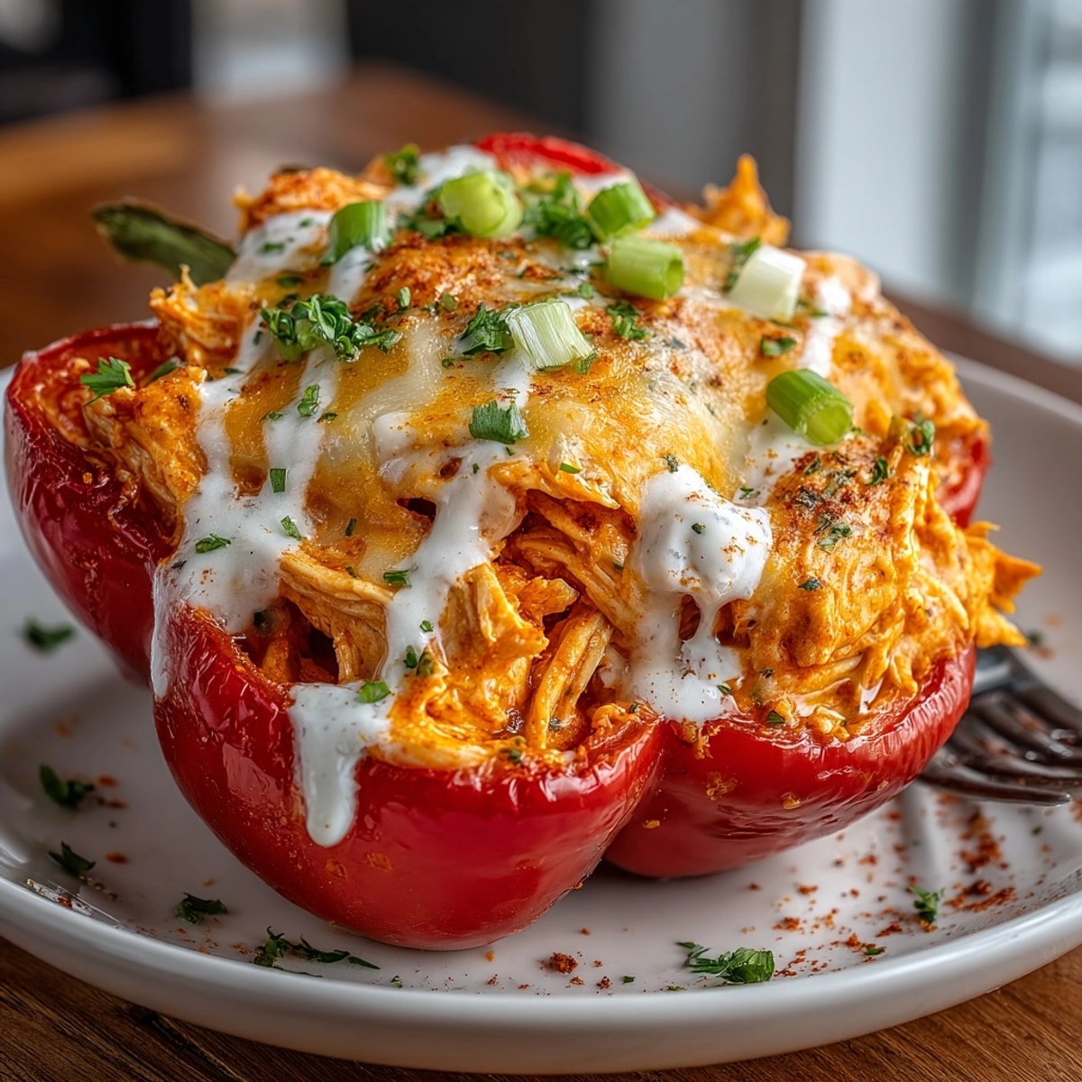 Savory buffalo chicken stuffed peppers, baked until bubbly, makes a delicious weeknight meal.