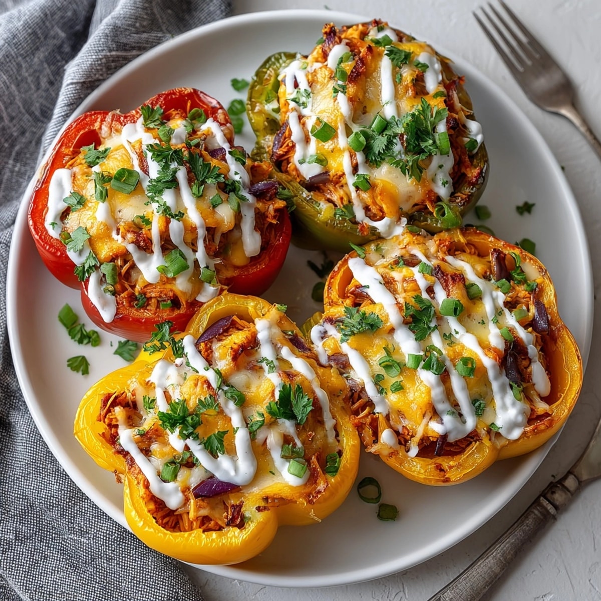 Enjoy these hearty buffalo chicken stuffed peppers, a gluten-free main course, perfect with ranch drizzled on top.