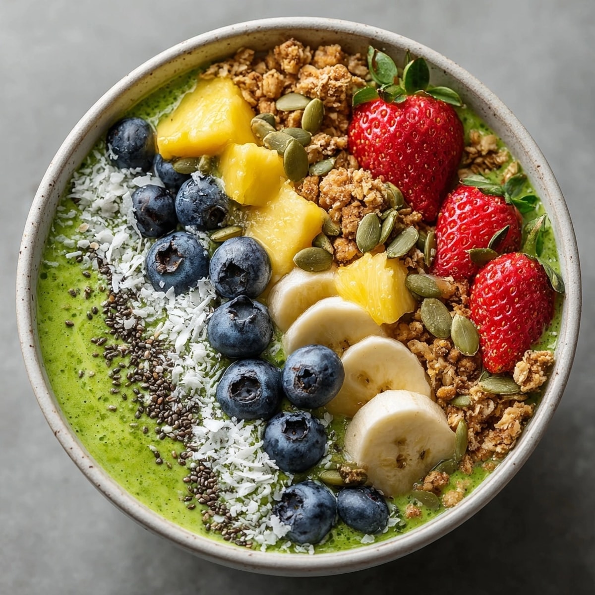 Creamy Veggie Packed Smoothie Bowls topped with colorful berries, granola, and coconut flakes; a delicious breakfast.