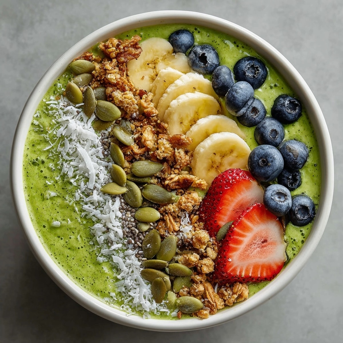 This Veggie Packed Smoothie Bowl features a thick green base brimming with fresh fruit and crunchy granola additions.