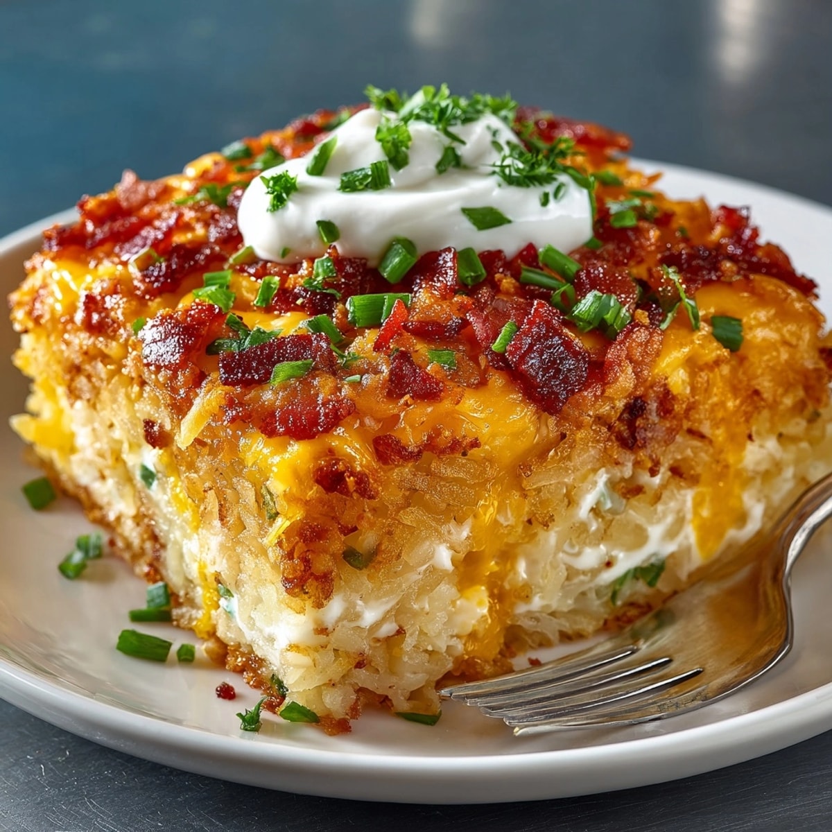 Golden, bubbly Bacon Hash Brown Casserole, a comforting breakfast with crispy bacon crumbles inside.