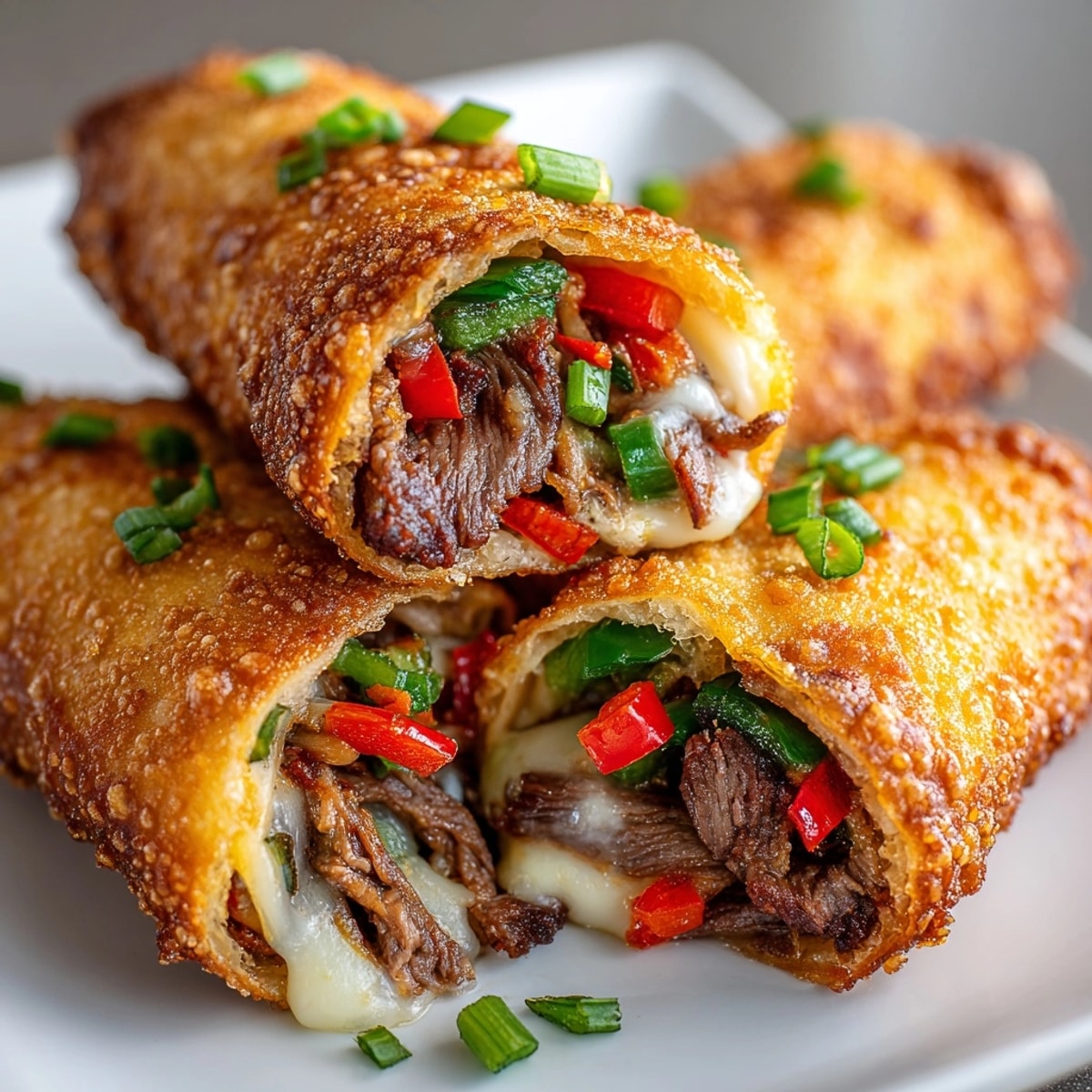 Crispy golden Philly cheesesteak egg rolls, ready to serve hot from the fryer with dipping sauce.