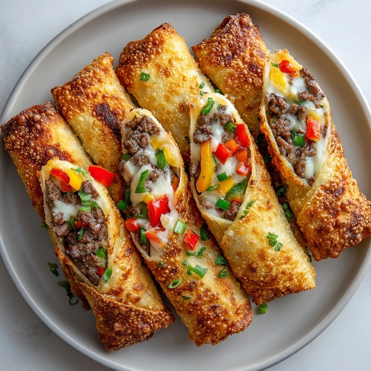 Perfectly-rolled Philly cheesesteak egg rolls showcasing the savory meat and veggie filling inside.