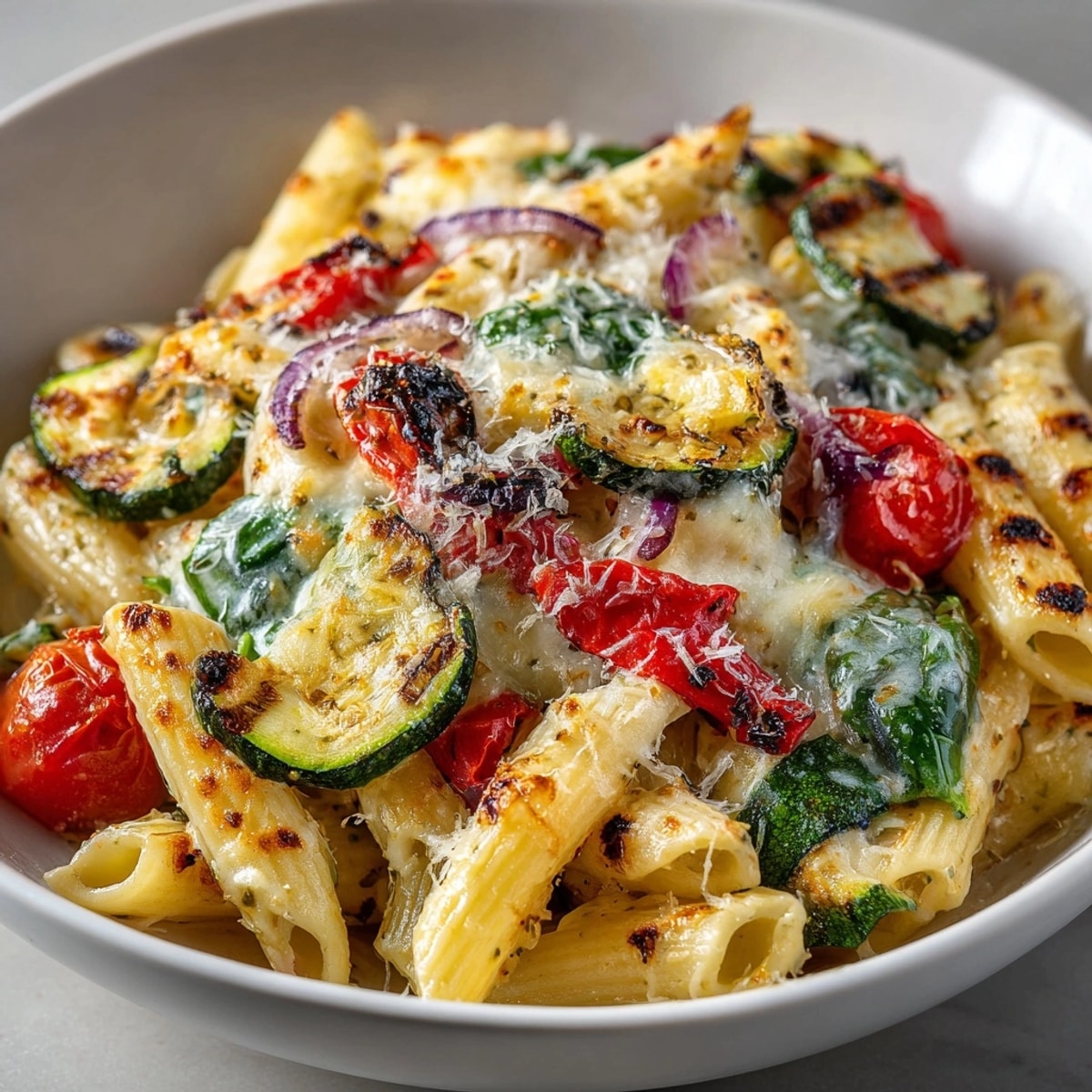 Sheet Pan Pasta Bake: A bubbly, cheesy vista of golden, baked pasta loaded with veggies.