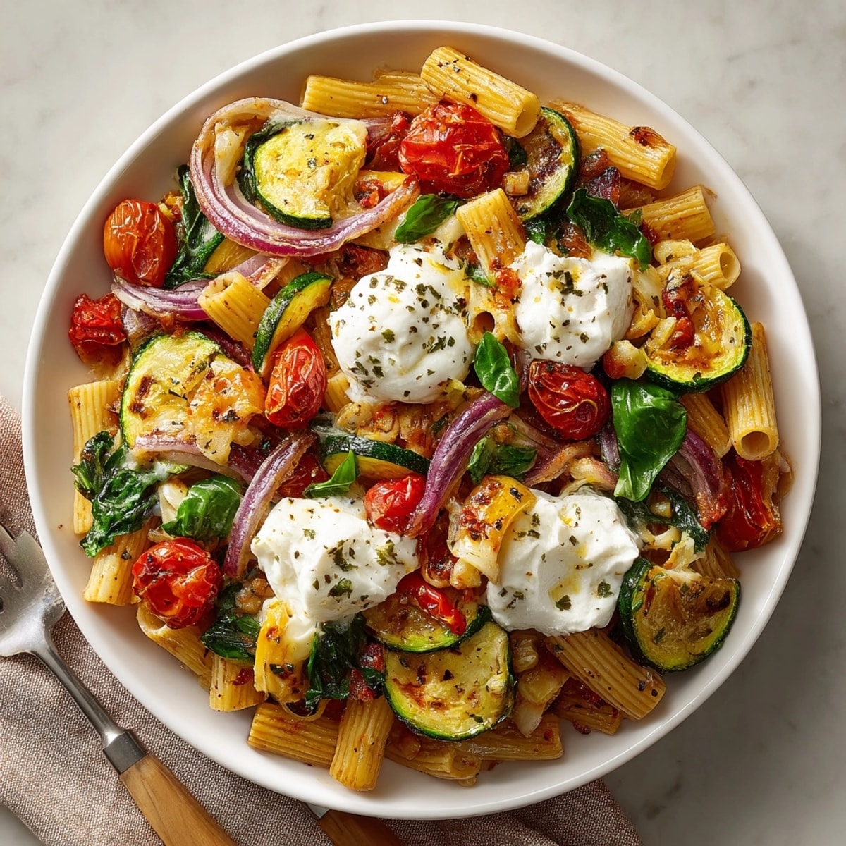 A close-up of a savory Sheet Pan Pasta Bake, with roasted vegetables and bubbly, golden cheese.