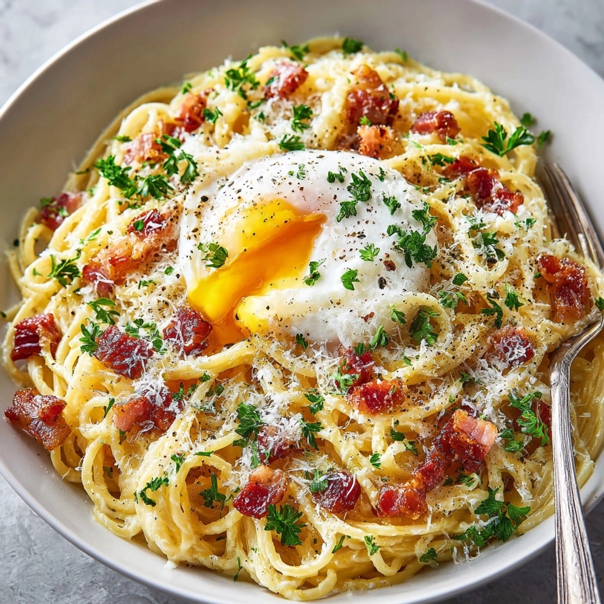 Breakfast Carbonara featuring a perfectly poached egg, creamy sauce, and crispy bacon.