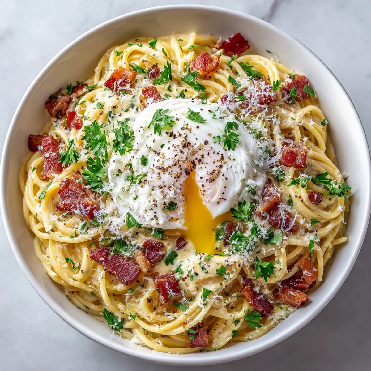 This image shows a warm, inviting Breakfast Carbonara with fresh parsley garnish and cheese.