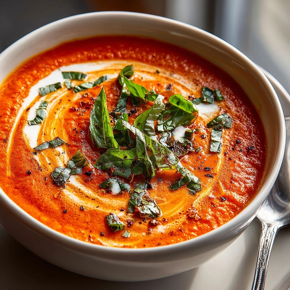 Creamy roasted garlic tomato soup served hot in a rustic bowl, garnished with fresh basil.