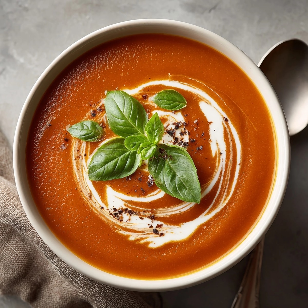 Velvety roasted garlic tomato soup steaming in a mug, perfect comfort food for chilly evenings.