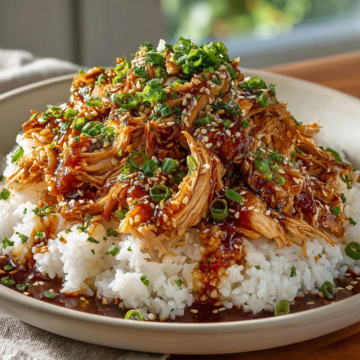 Easy Crockpot Teriyaki Chicken served over fluffy rice, glistening with thick, glossy sauce.