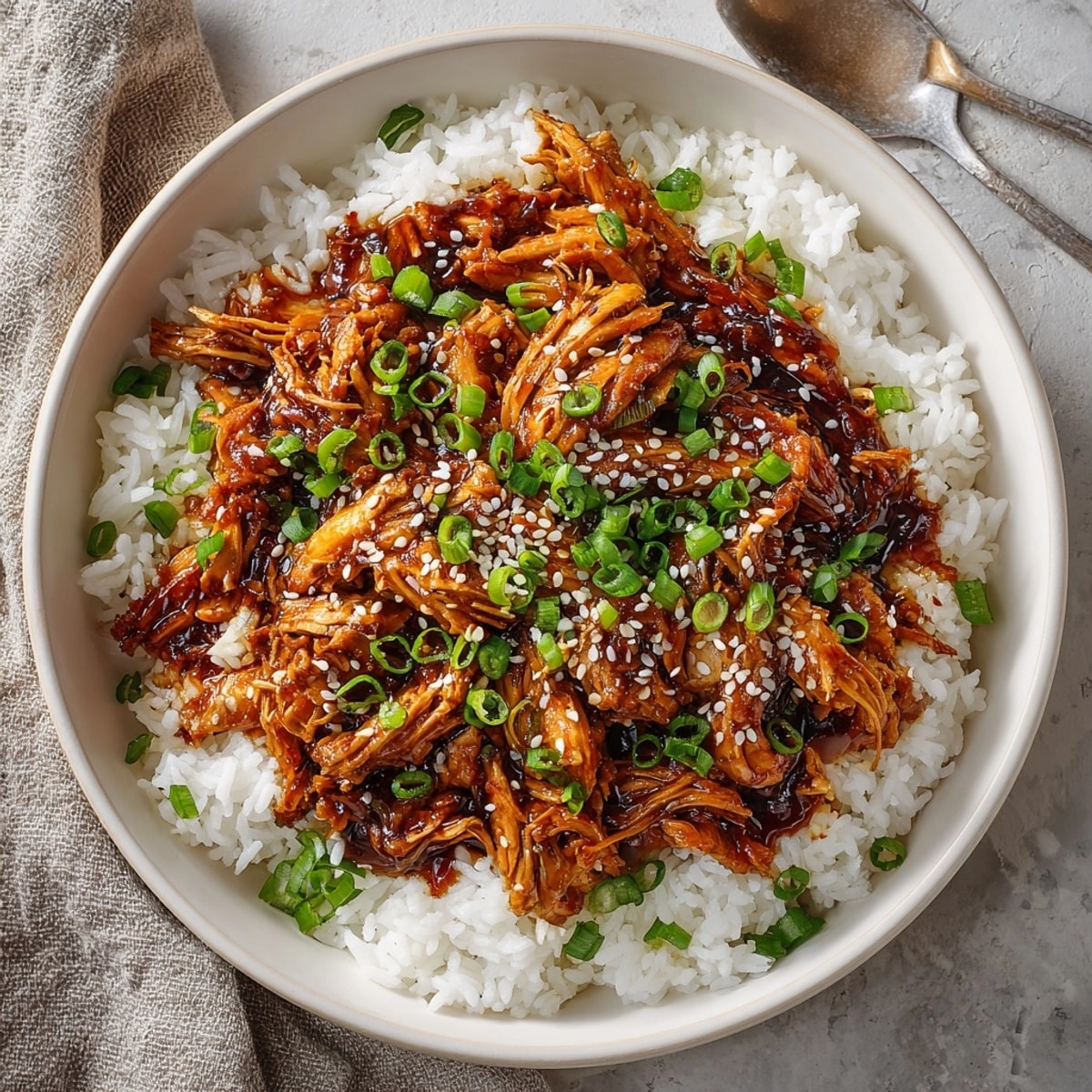 Tender Easy Crockpot Teriyaki Chicken in crockpot, coated in rich teriyaki glaze with steaming rice aside.