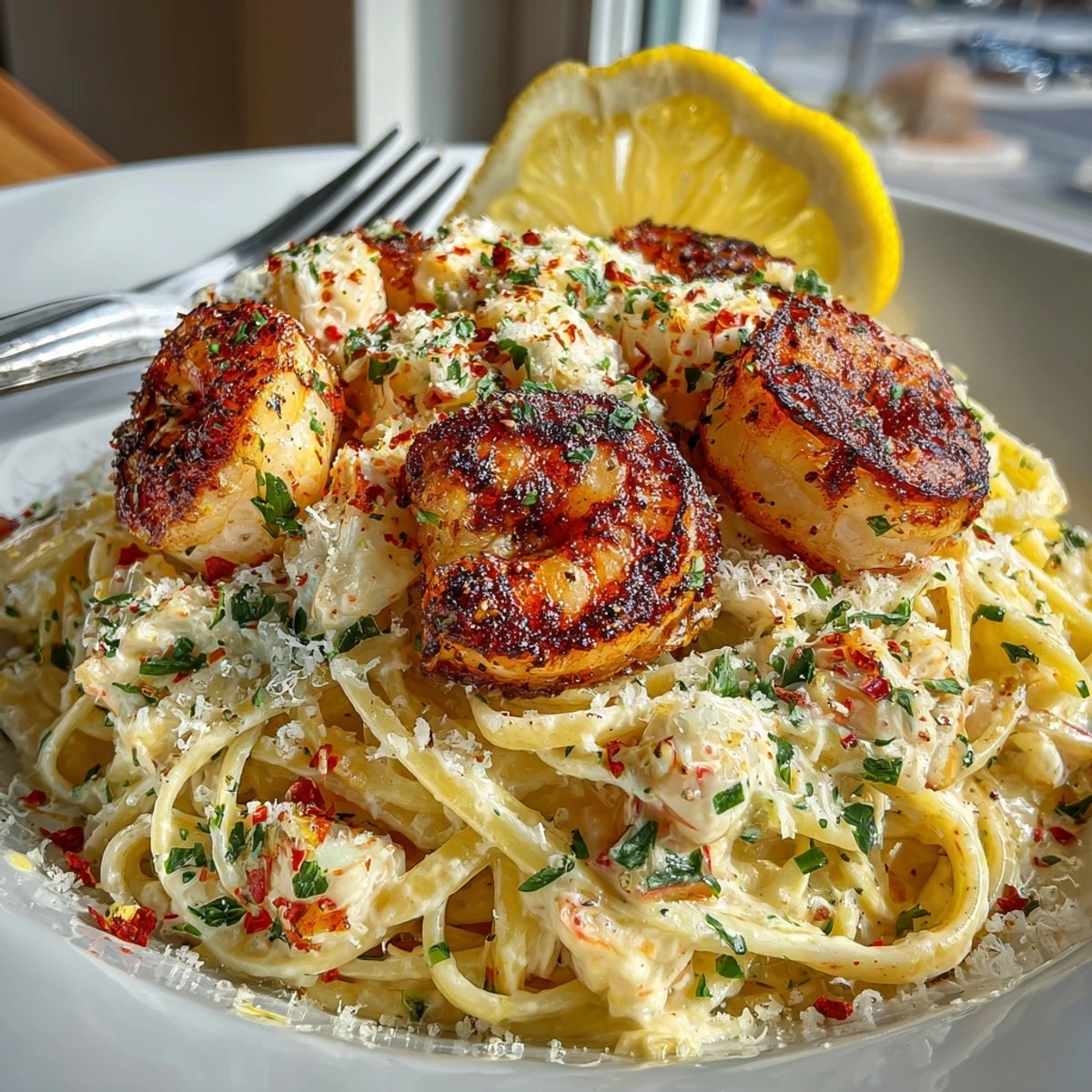 Shrimp & Crab Pasta with Creamy Cajun Sauce plated with vibrant parsley and zesty lemon wedges.