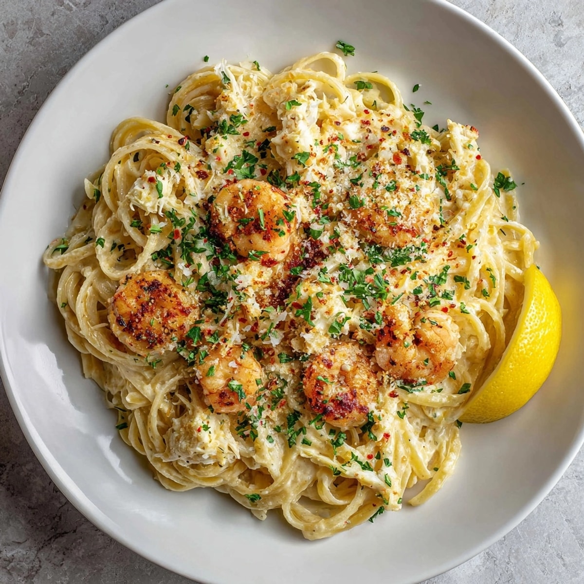 Creamy Cajun Sauce clings to shrimp and crab atop fresh pasta in this Shrimp & Crab Pasta recipe.