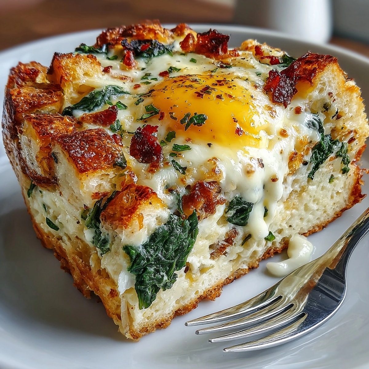 Overnight Breakfast Strata with Spinach and Cheese freshly baked, golden top and melty cheese.