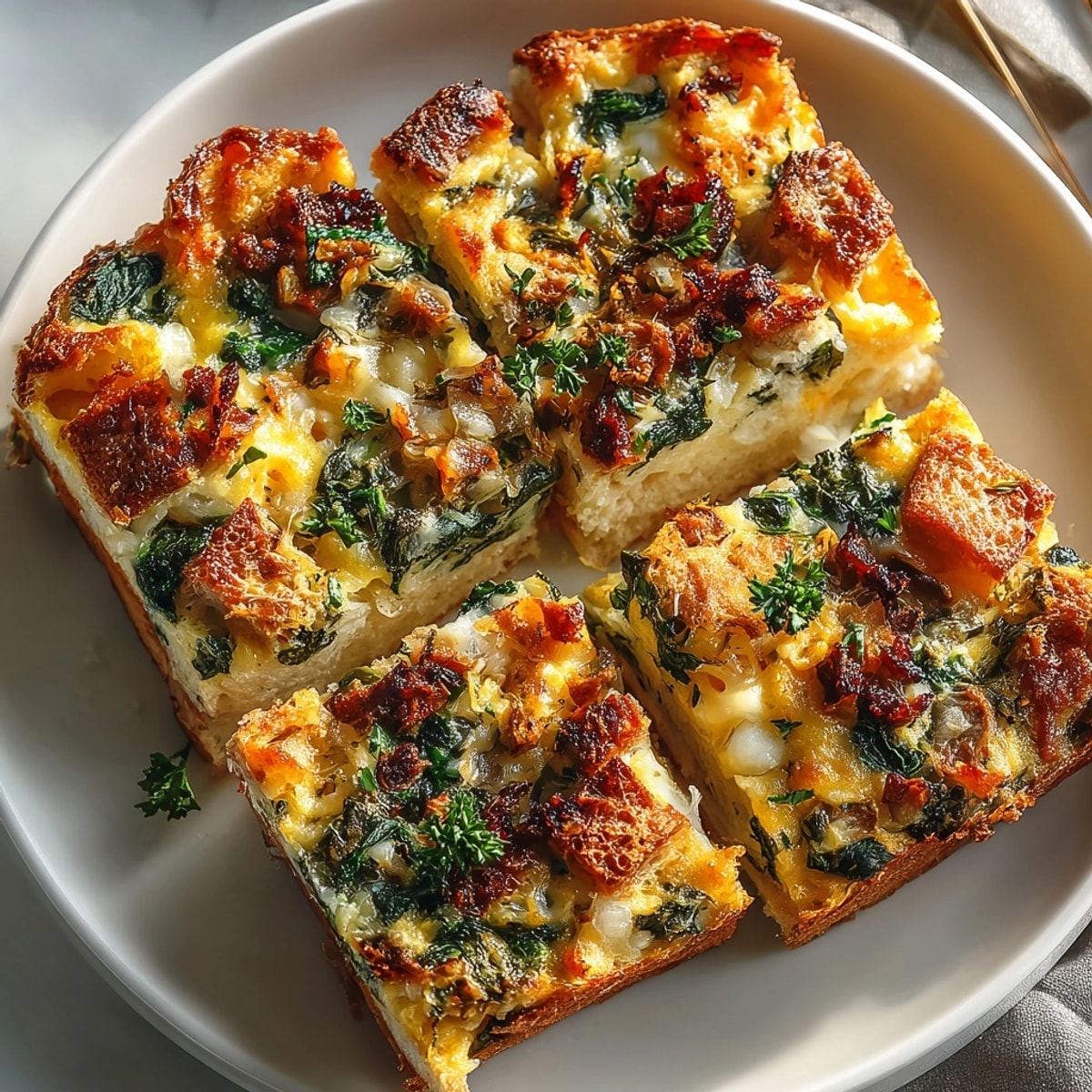 Colorful layers of overnight breakfast strata with spinach and cheese in a bright morning kitchen scene.