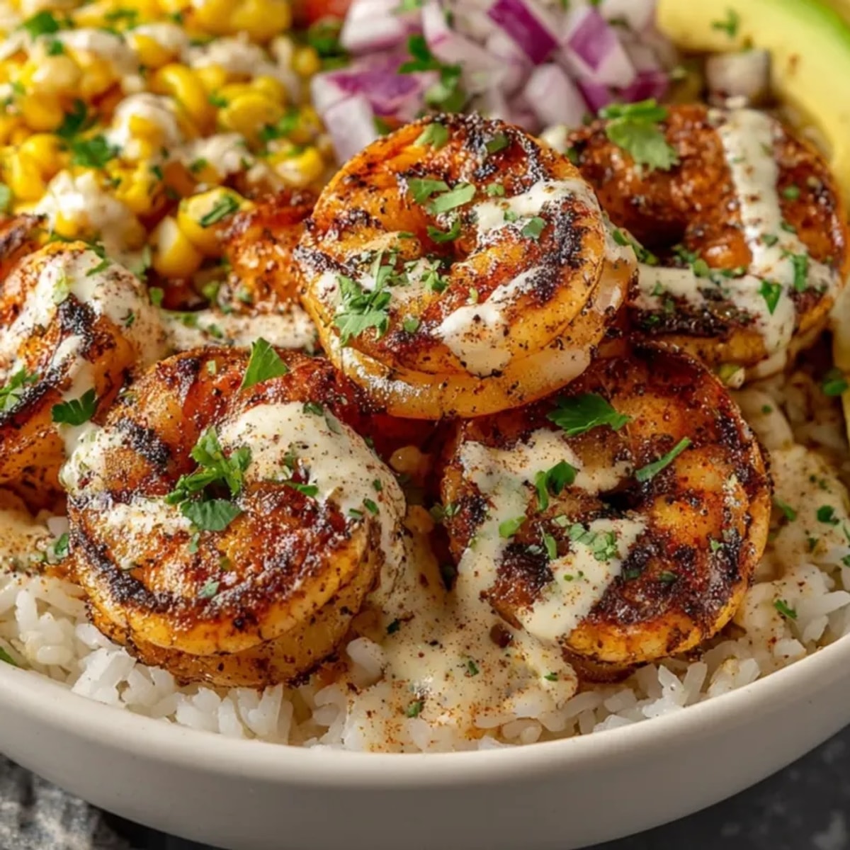 Colorful grilled shrimp bowl with avocado, corn salsa, and creamy sauce over fluffy rice.