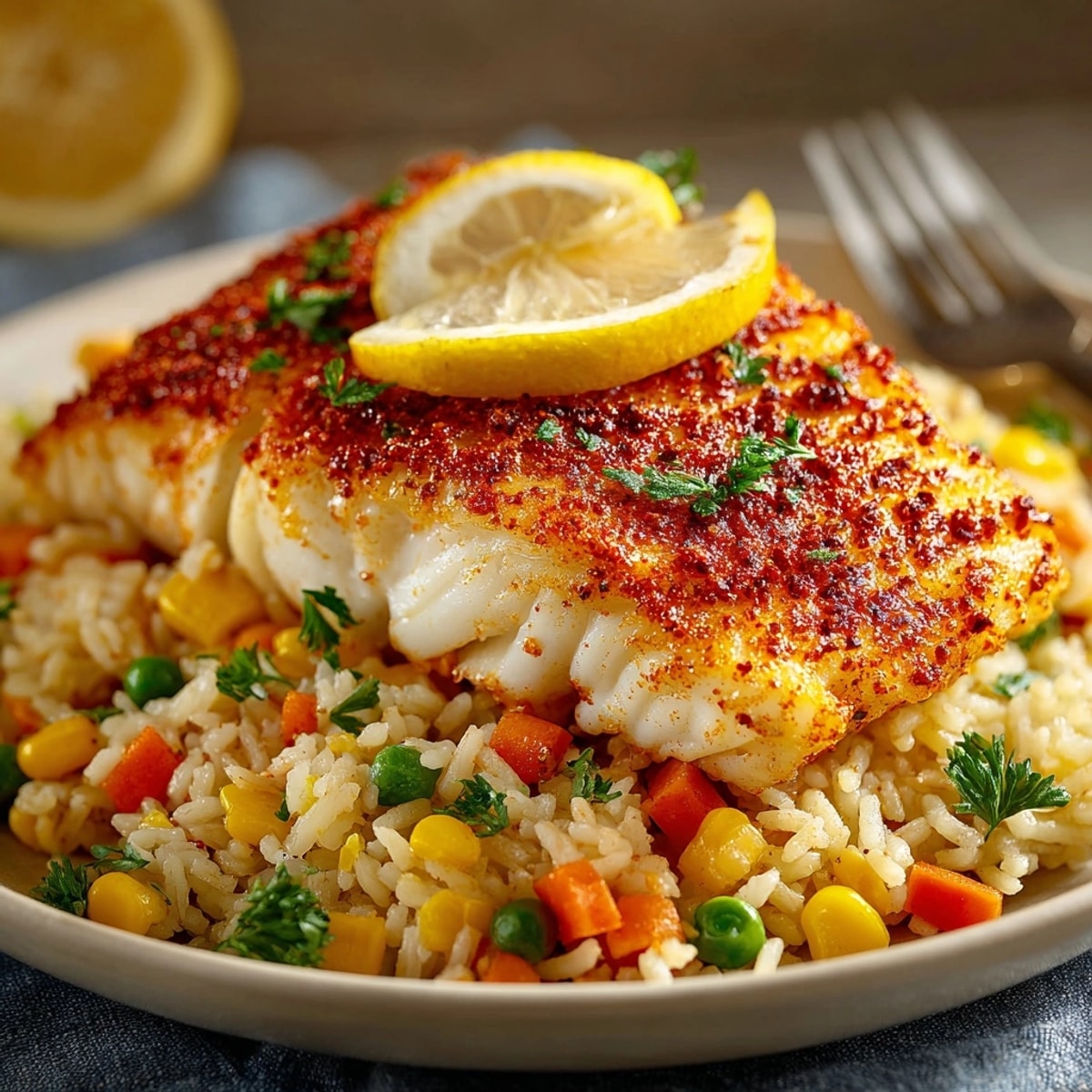 Golden baked Cajun Cod with Rice Pilaf; flaky fish, aromatic spiced rice.