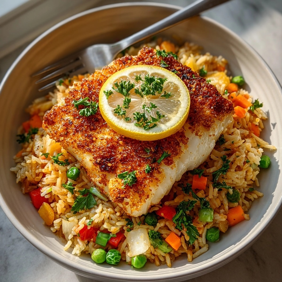 Serving suggestion: A perfectly plated dish of flavorful Cajun Baked Cod and rice.