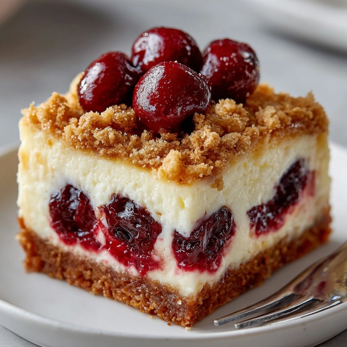 Golden-brown Ricotta Cherry Delight Bars, a sweet and tangy dessert fresh from the oven.