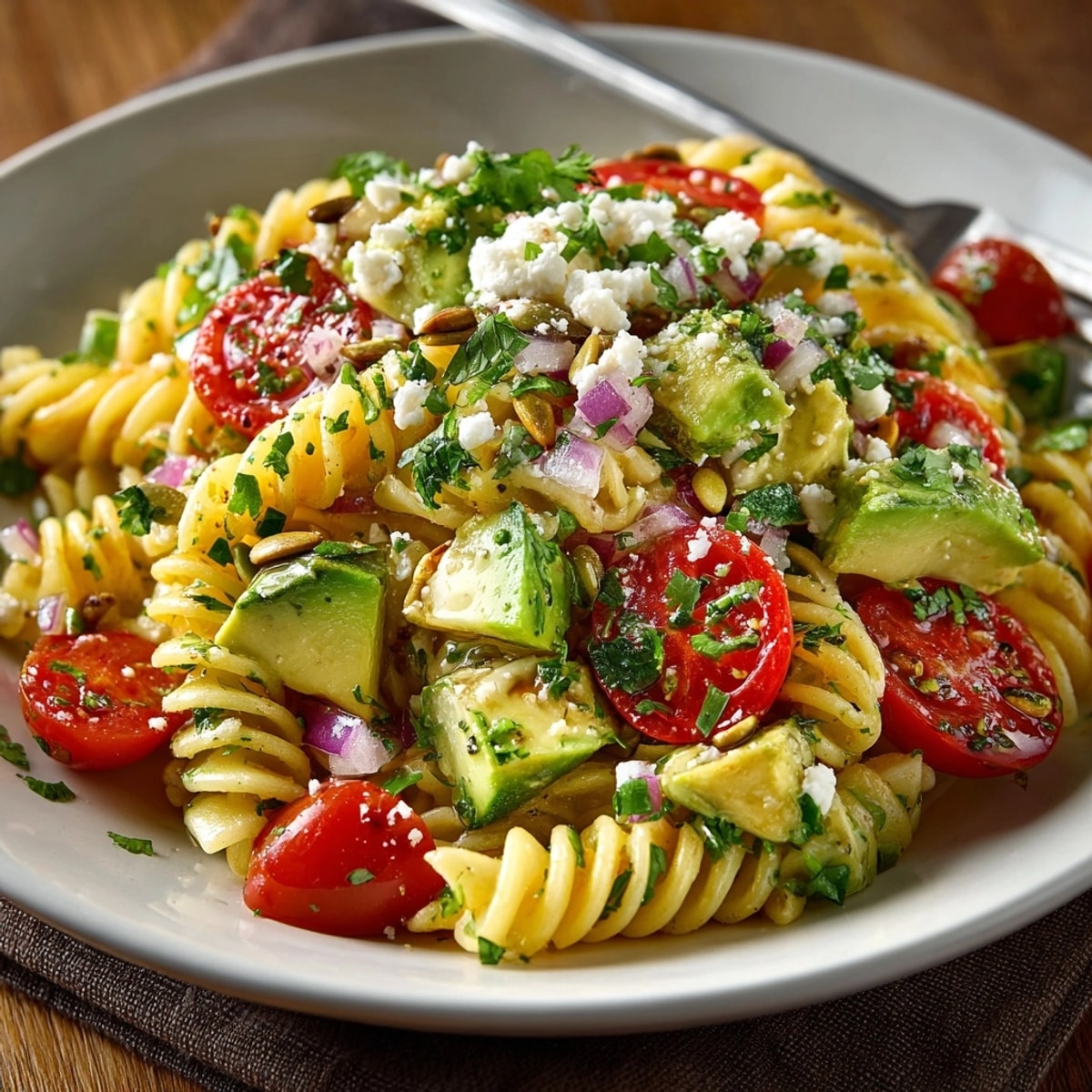 Creamy Avocado Lime Pasta Salad with vibrant green avocado chunks and juicy red tomatoes.