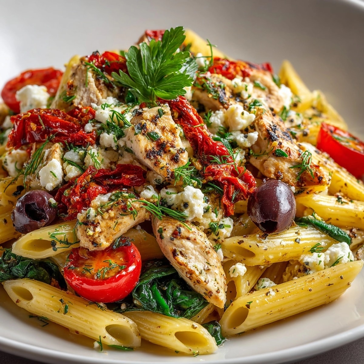 Close-up of Chicken and Feta Greek Pasta: a colorful, flavorful Mediterranean dinner.