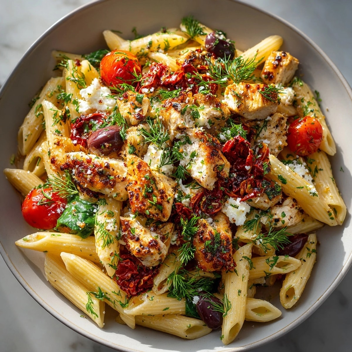 Scoops of Chicken and Feta Greek Pasta with savory chicken and salty feta cheese.