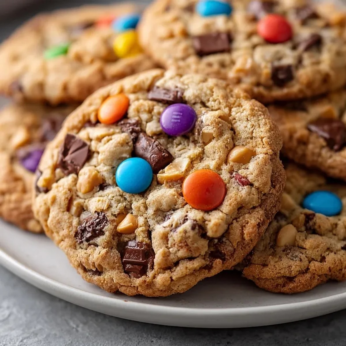 Golden-edged Gluten-Free Monster Cookies fresh from the oven, speckled with colorful candies.