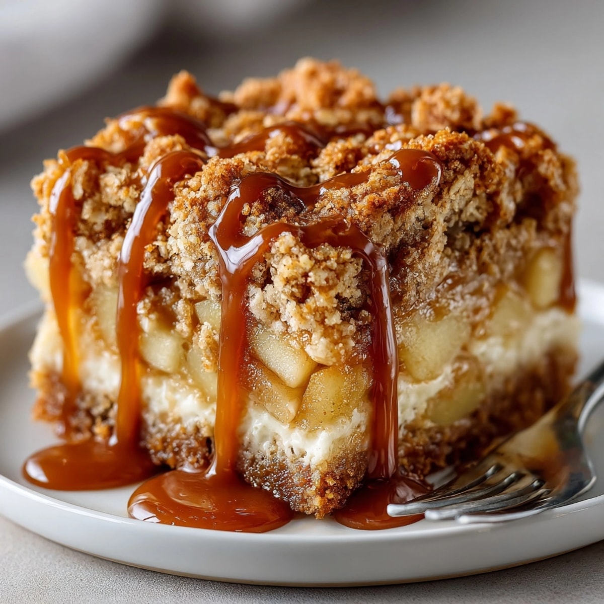 Golden Salted Caramel Apple Crisp Bars, warm from oven, with gooey drizzle on top.