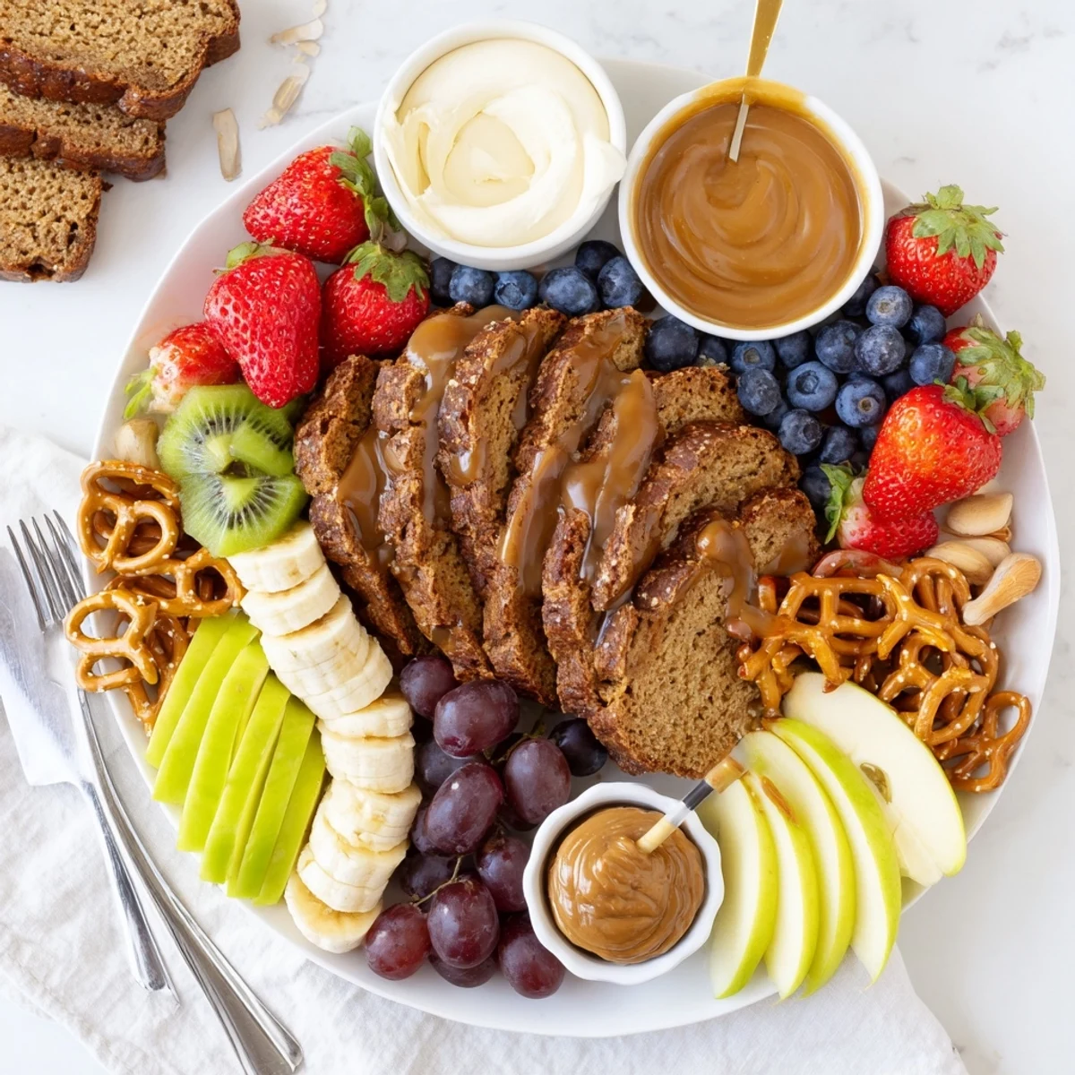 Decadent caramel banana bread slices surrounded by vibrant fruits and delicious dips.