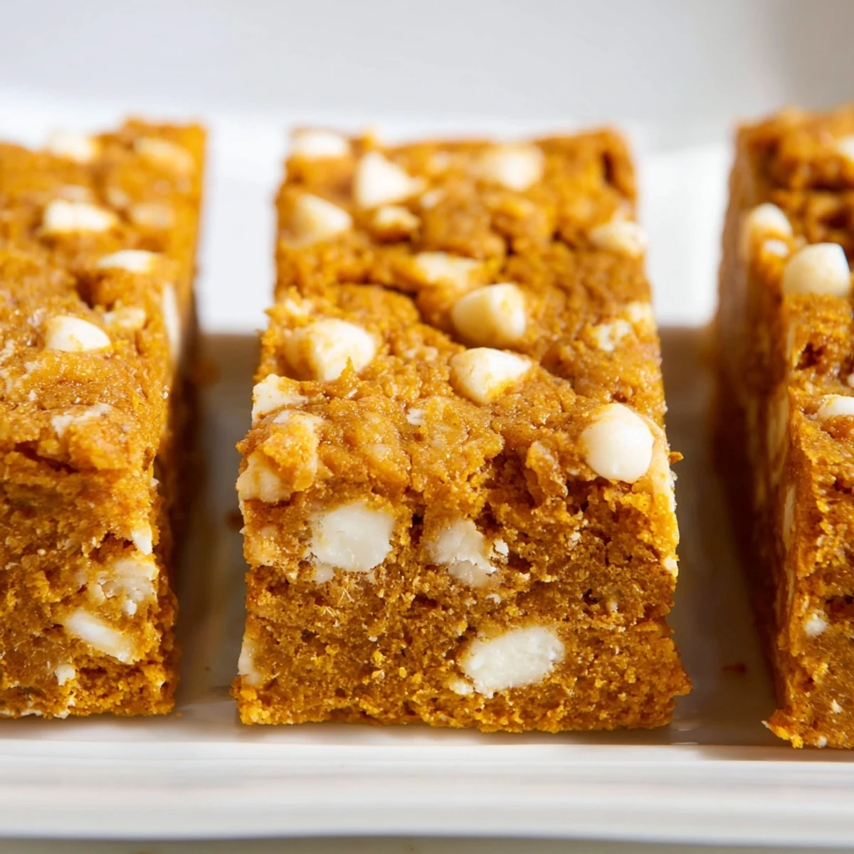 Decadent pumpkin white chocolate chip bars, warm and inviting, perfect for a cozy dessert.  