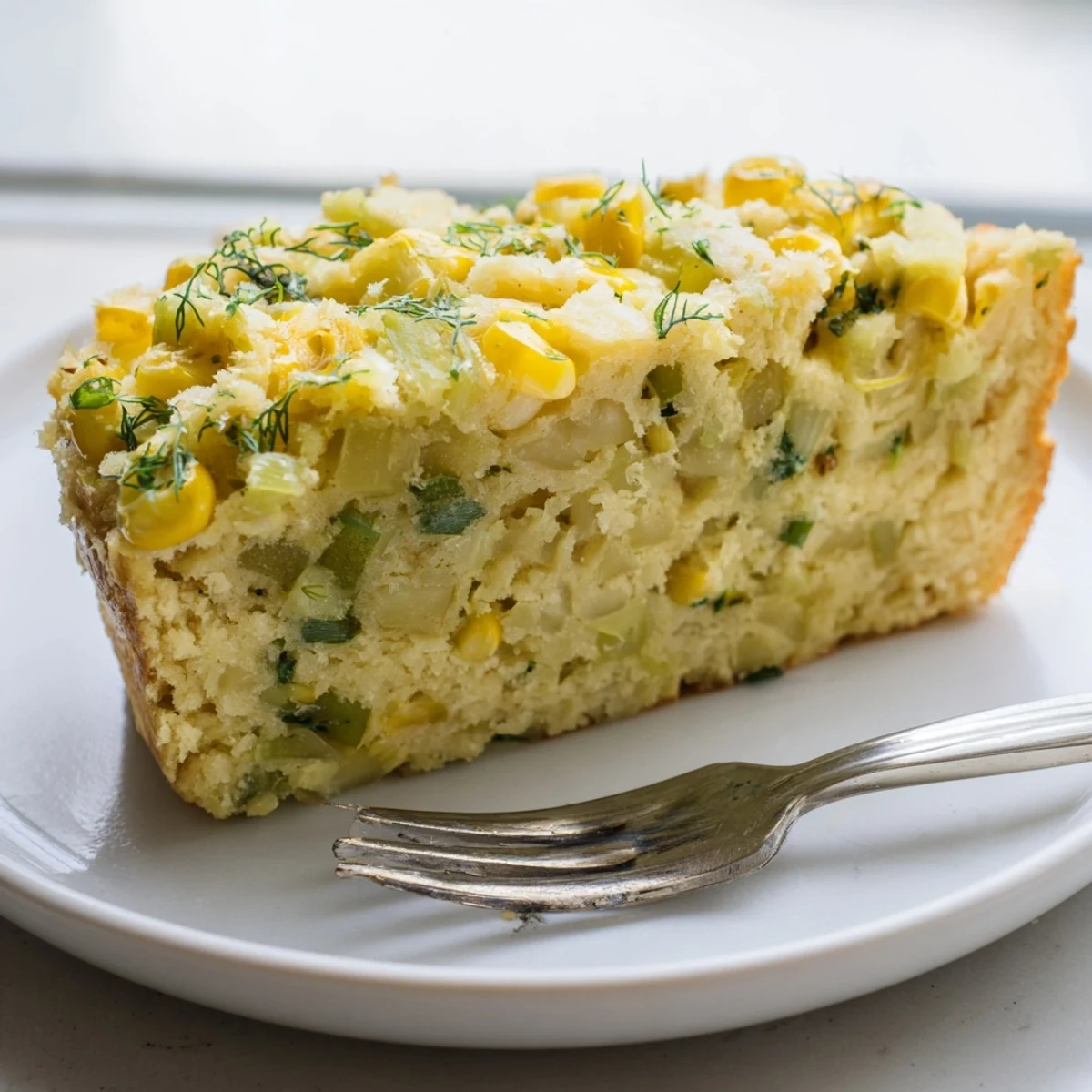 Warm slices of Dill Pickle Sweet Corn Pancake Loaf, perfect for brunch gatherings.  