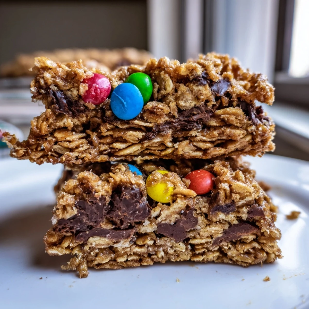 Chewy cinnamon sugar monster cookie bars topped with colorful chocolate candies and sprinkles.  
