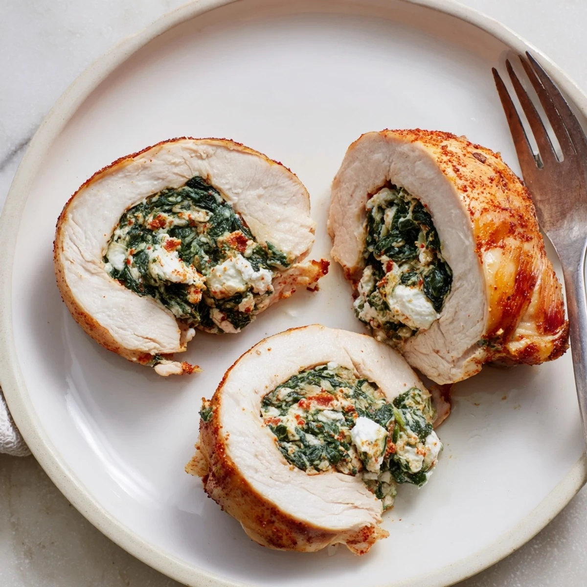 Deliciously moist chicken breasts filled with creamy feta and spinach, served hot.