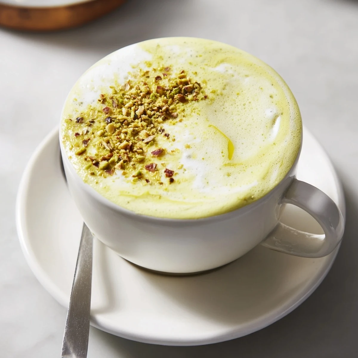 Creamy pistachio milk latte topped with crushed nuts, a flavorful coffee treat.  