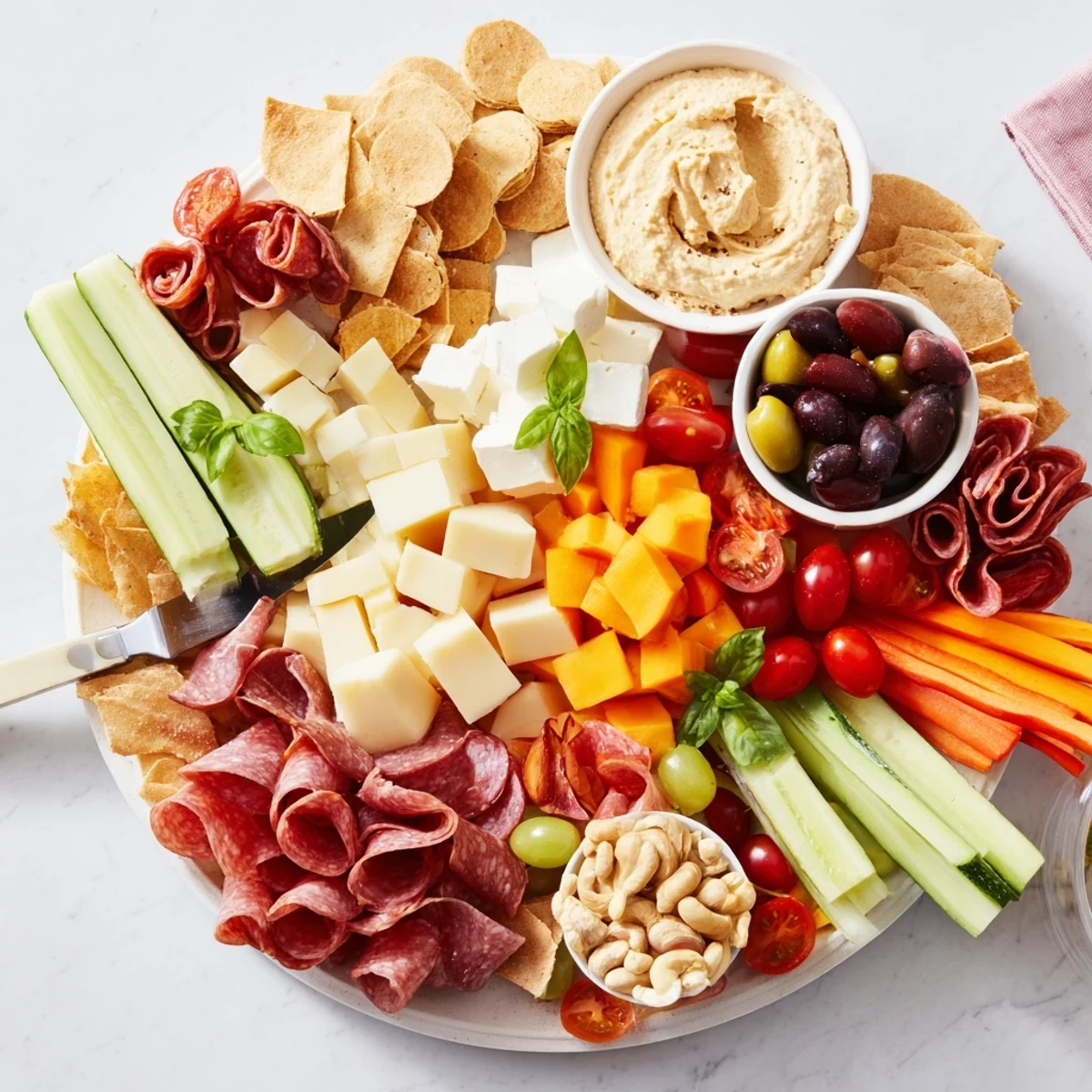 A colorful Girl Dinner Platter filled with cheeses, fruits, and dips for sharing.  