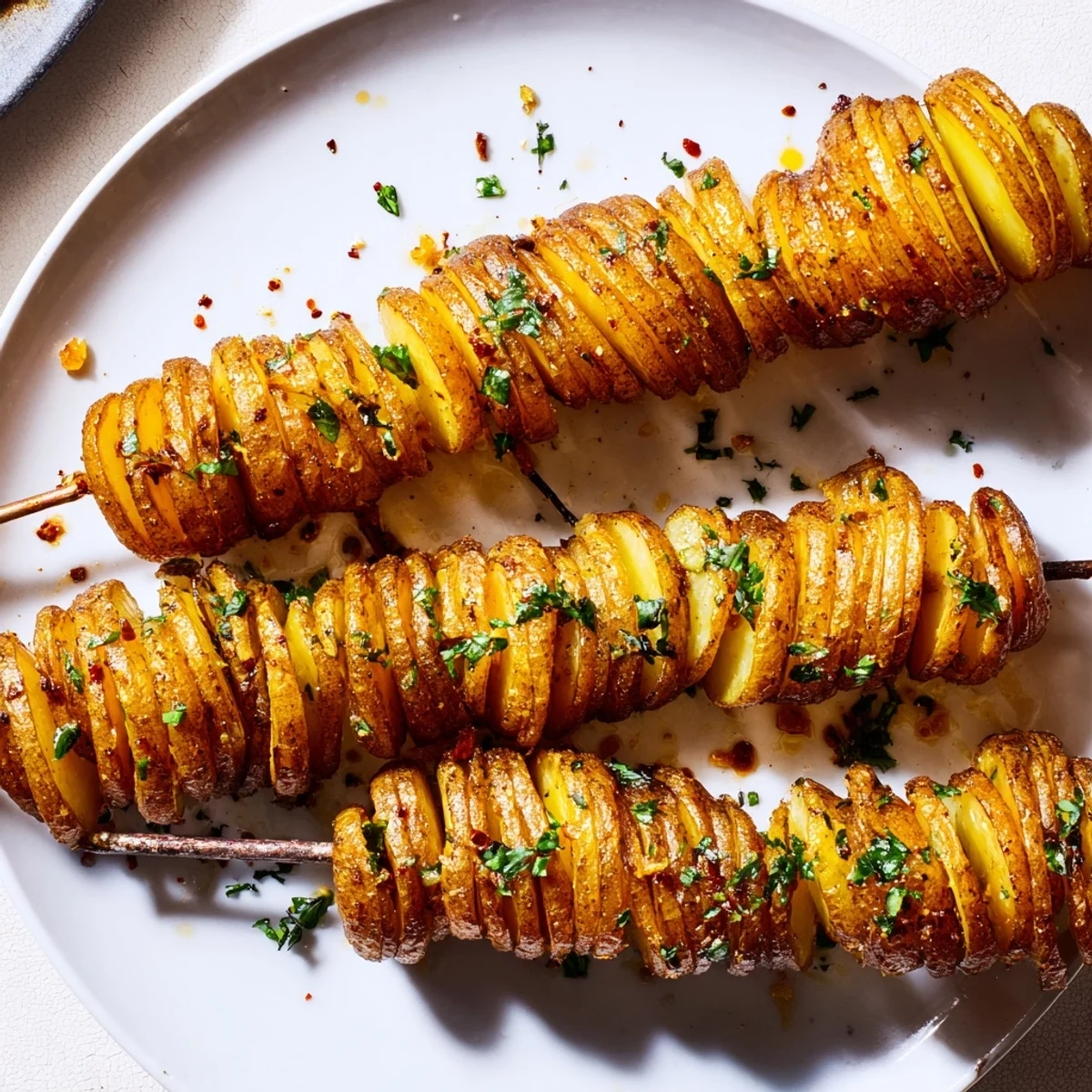 Golden spiral potatoes in air fryer, beautifully crisp and perfect as a fun snack.