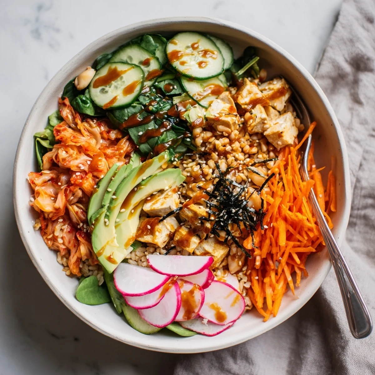 A colorful fermented vegetable bowl with kimchi, fresh greens, and avocado.  