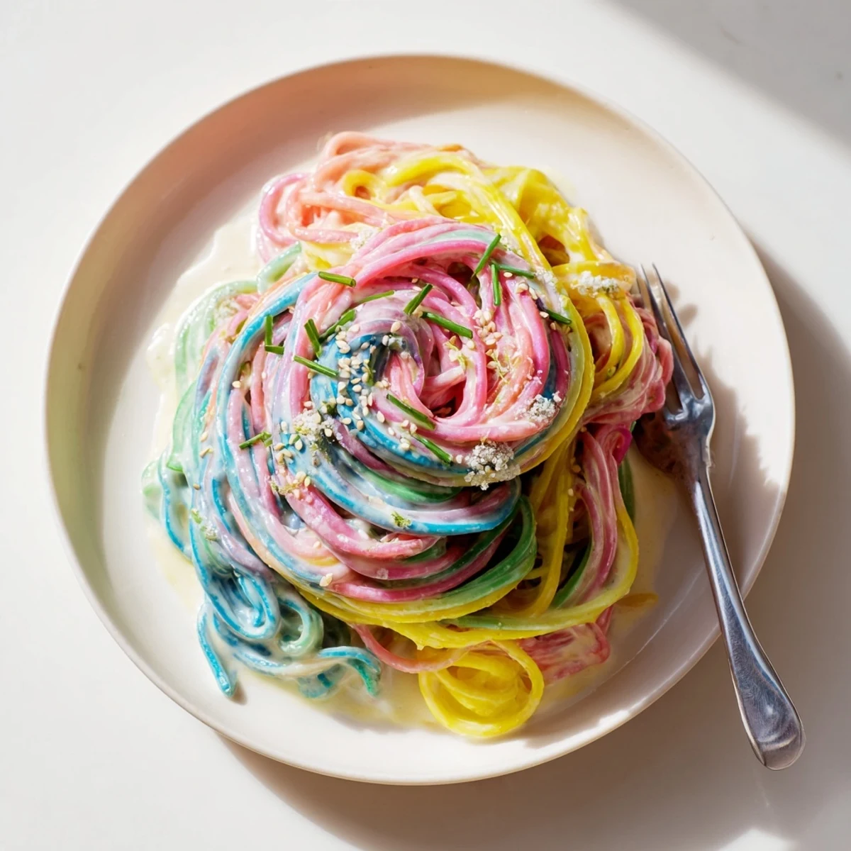 Colorful strands of Neon Noodle Cloud in creamy sauce, garnished with scallions.  