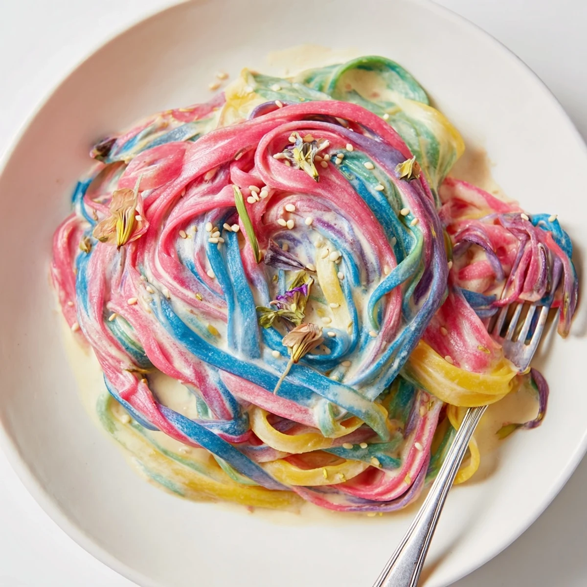 Delightful Neon Noodle Cloud served with edible flowers, perfect for festive gatherings.