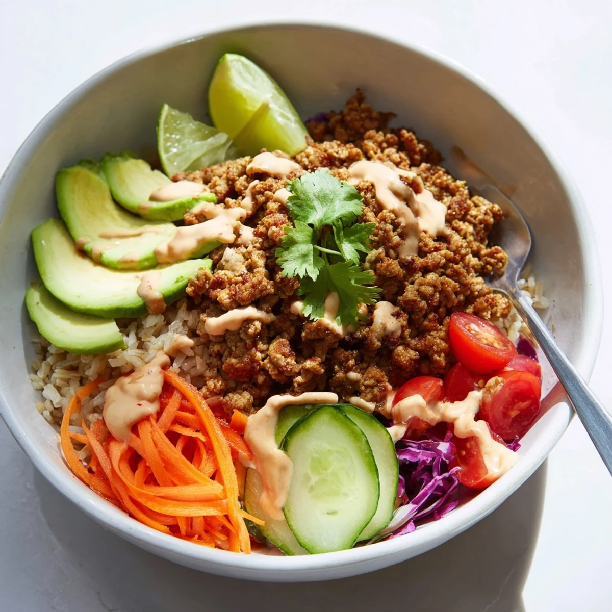 A colorful Plant-Based Meat Bowl topped with fresh veggies and zesty lime wedges.  