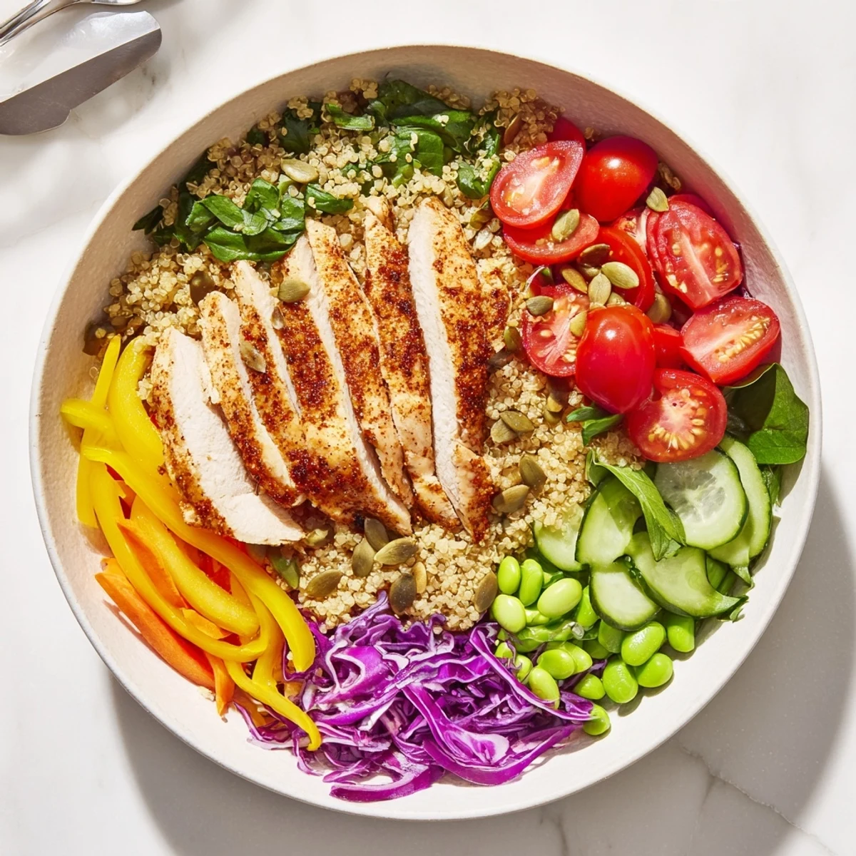 Vibrant healthy meal-prep bowls stacked with colorful veggies and quinoa layers.  