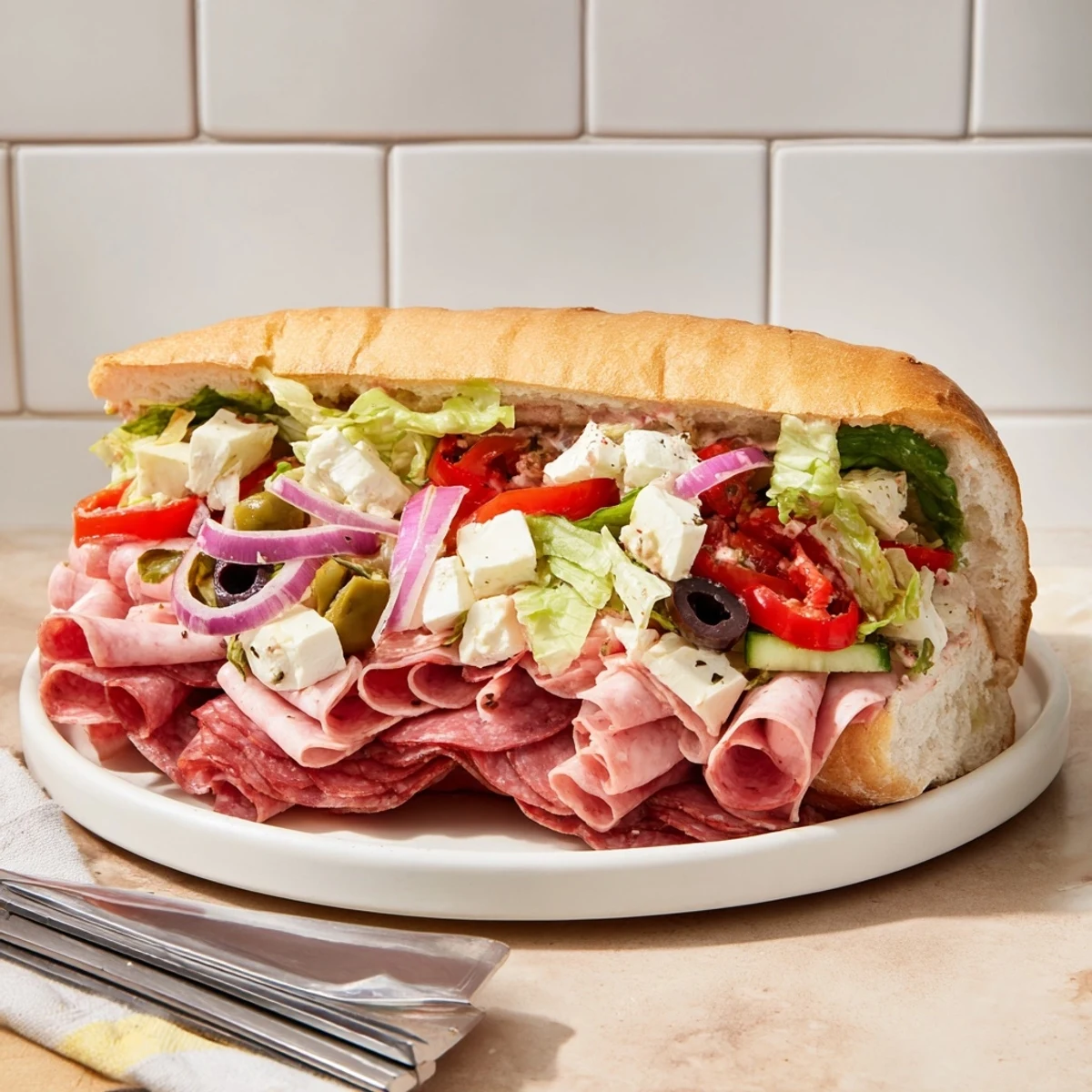 Vibrant Flavor Mash-Up Sandwiches stacked high with fresh ingredients and Italian meats.  