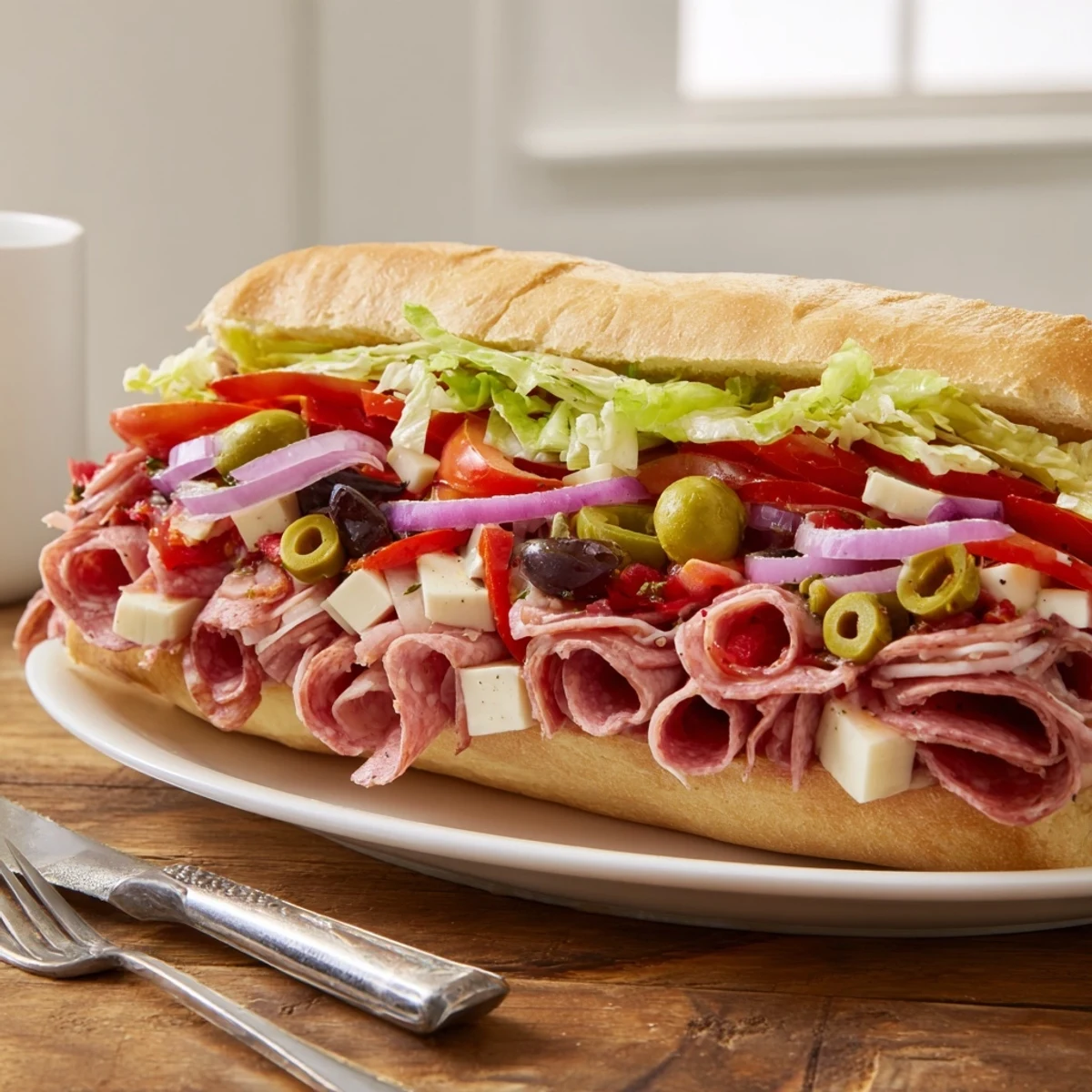 Delicious Flavor Mash-Up Sandwiches filled with provolone, salami, and colorful vegetables.  