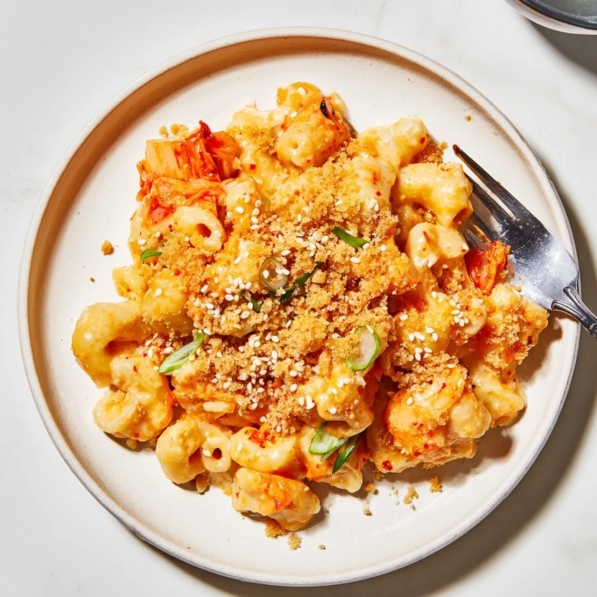 Creamy Spicy Kimchi Mac & Cheese topped with crunchy sesame breadcrumbs for extra flavor.  