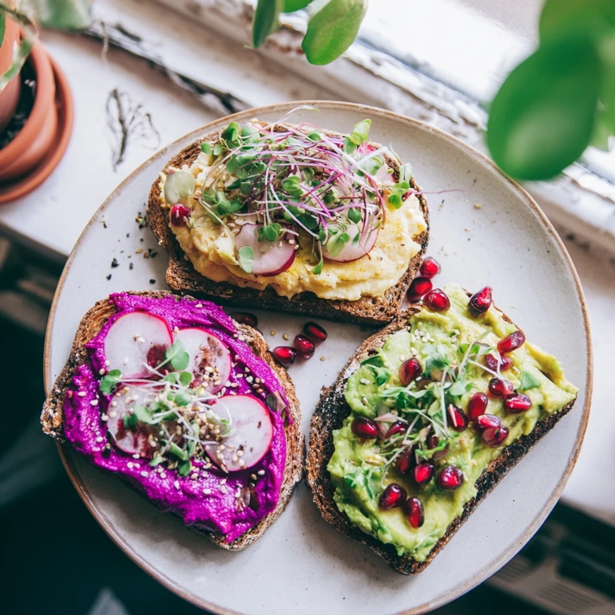 Colorful breakfast toasts with creamy ube and avocado, garnished for flavor delight.