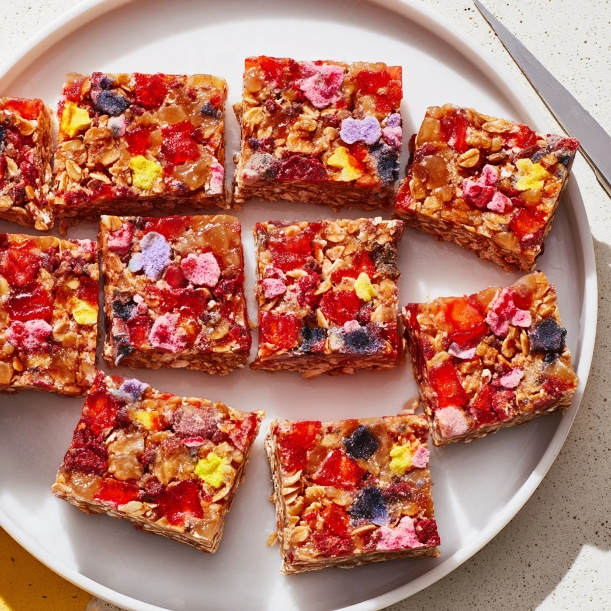 Colorful DIY snack bars topped with homemade gummies and freeze-dried candy pieces.  
