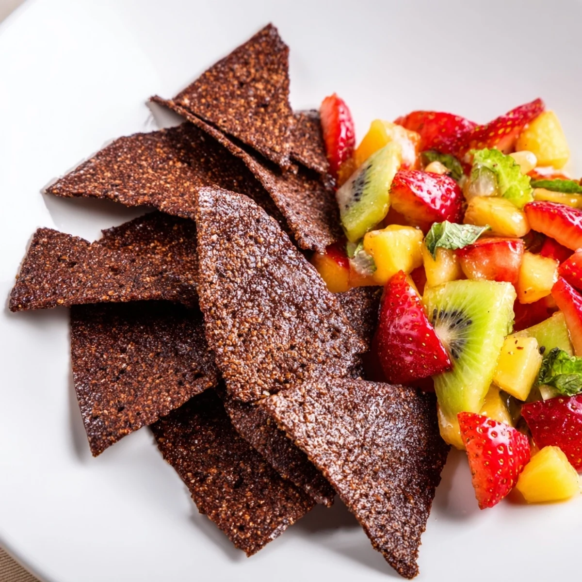Sweet chocolate dessert chips & salsa with colorful diced fruits and a mint drizzle.  