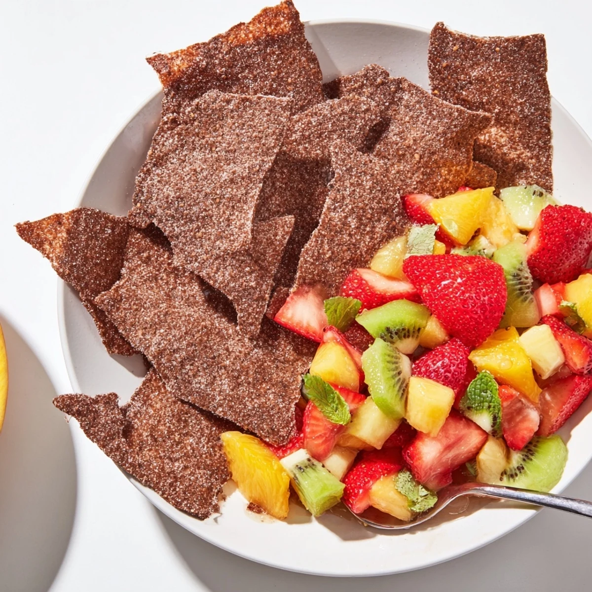 Crispy dessert chips & salsa displayed with vibrant fresh fruit salsa garnish.  