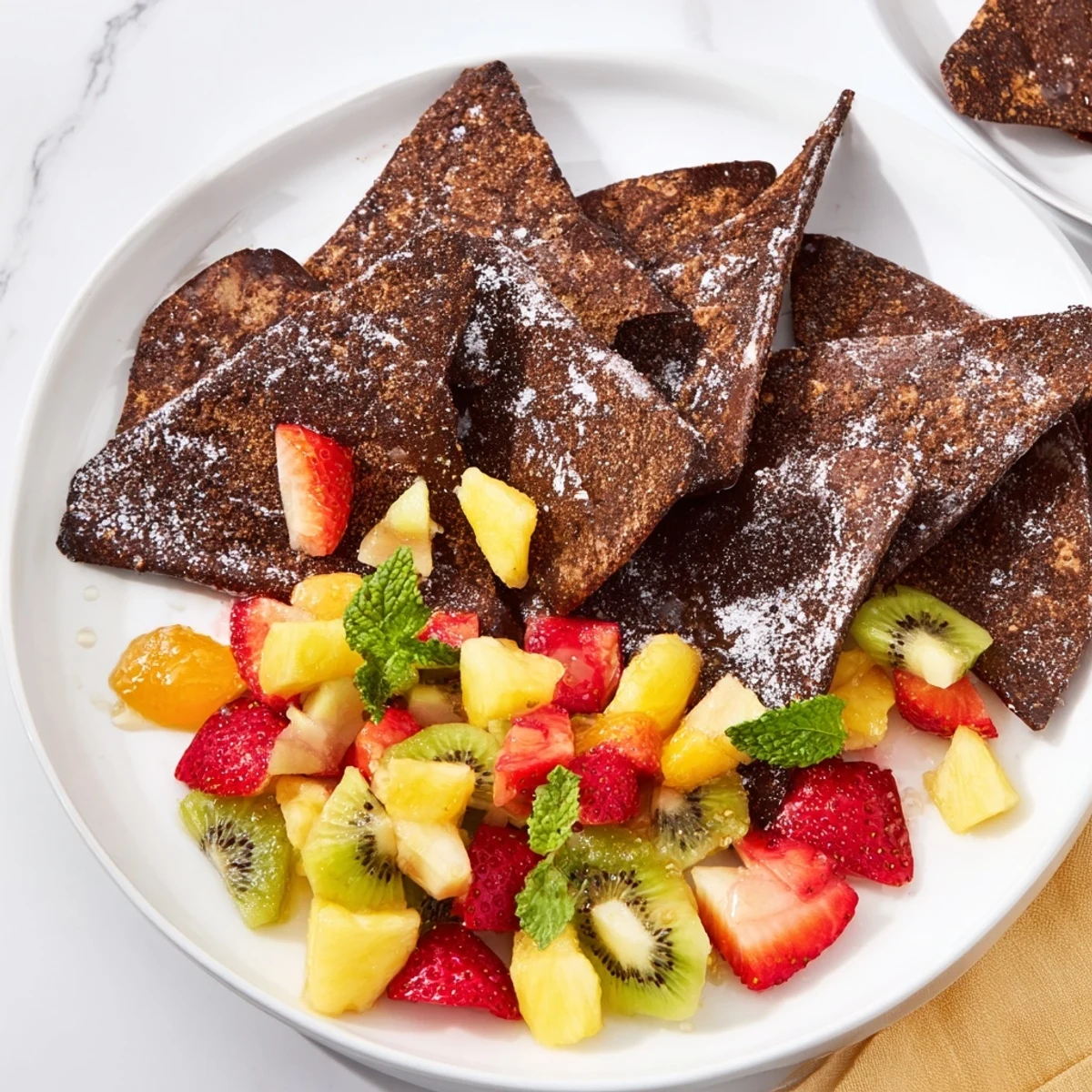 Homemade dessert chips & salsa featuring rich chocolate with refreshing tropical fruit mix.