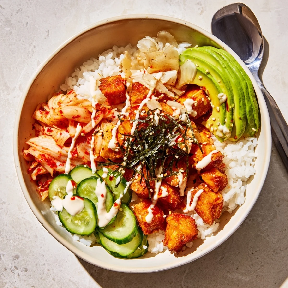 Crispy Salmon Rice Bowl topped with spicy mayo, fresh avocado, and tangy kimchi.  
